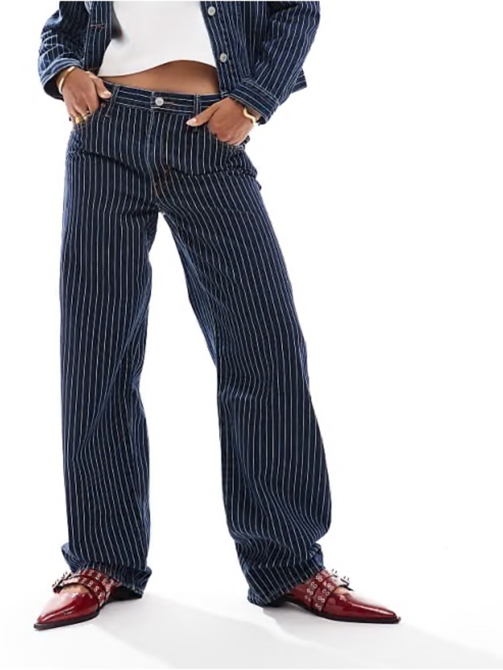 Levi's Navy Pinstripe Wide-Leg Jeans with White Stripes